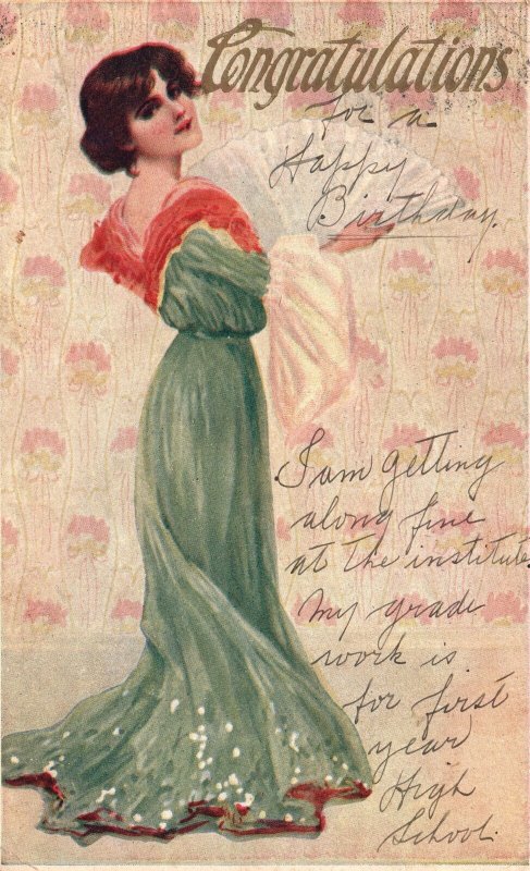 Congratulations Pretty Lady In Long Gown Suit Greetings, Vintage Postcard
