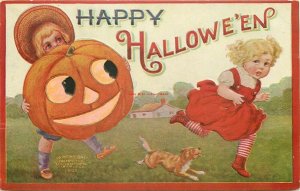 Halloween, Girl Holding Jack O Lantern, Girl & Dog Running, International Art