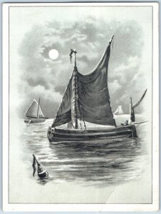 1870s-80s Moonlit Night Nautical Sailing Ships Trade Card #DD