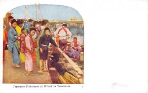 Japanese Fishermen at Wharf Yokohama Japan 1910c postcard