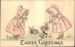 Easter Rabbits Sunbonnet Children Novelty Fur c1910 Postcard