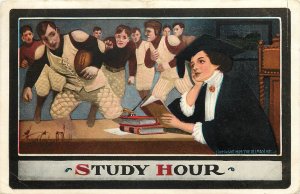 1909 Postcard, Study Hour, College Girl w/Books Dreams of Men Football Players