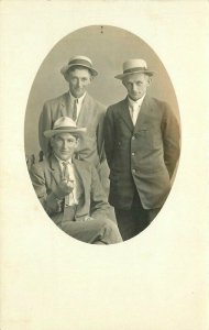 C-1910 Frame like Three Men Pocket Watch Suits Hats RPPC Photo Postcard 20-4391