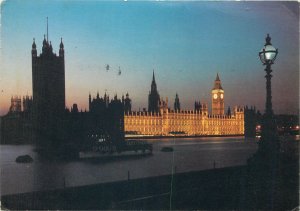 Postcard UK England London Big Ben houses of Parliament night view flood light