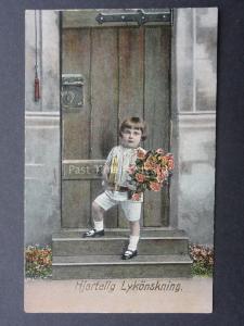 Norway Greeting HJERTELIG LYKONSKNING shows a child with flowers c 1910