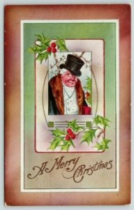 Christmas~Crafty Old Gentleman in Top Hat~Fur Coat~Brown Green Frame~Holly Berry 