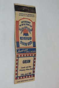 Gibson God Bless America 20 Strike Matchbook Cover