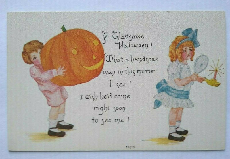 Vintage Halloween Postcard Boy Giant Pumpkin Girl Mirror 207 B FA Owen Unused