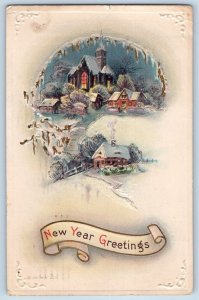Poughkeepsie New York NY Postcard New Year Greetings Winter Scene Embossed c1910
