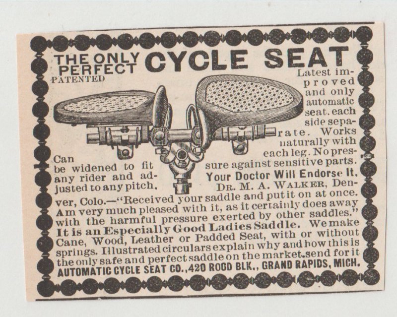 1896 Print Ad Cycle (Saddle) Seat Ad by Automatic Cycle Seat Co Grand Rapids MI