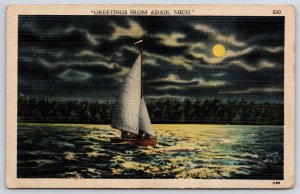 Greetings From Adair Michigan Sailboat And Moonlight View At Night Postcard