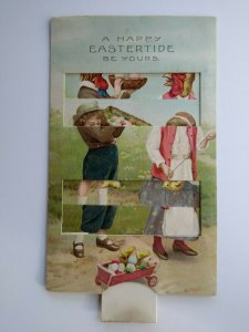 Easter Postcard German Mechanical Pull Tab Farm Boy Girl Humanized Roosters 