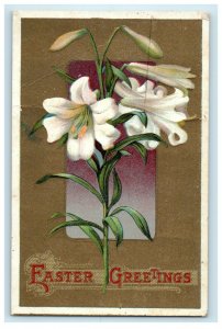 1914 Easter Greetings White Stargazer Lily Flowers Glitter Antique Postcard 