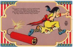 Vintage Fourth of July Greetings Post Card, Girl Running From  Large Firecracker