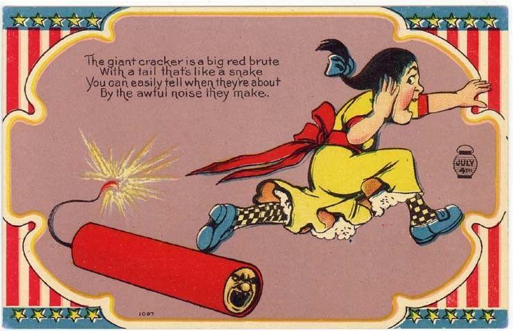 Vintage Fourth of July Greetings Post Card, Girl Running From  Large Firecracker