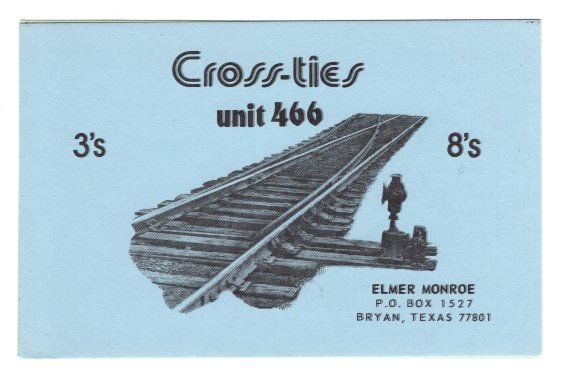 Cross-ties Railway Track QSL Postcard, Bryan Texas, 1978 Blue