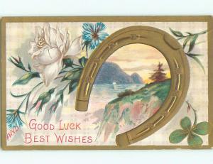 Pre-Linen LAKE SCENE INSIDE LUCKY HORSESHOE WITH WHITE ROSE FLOWER J3468