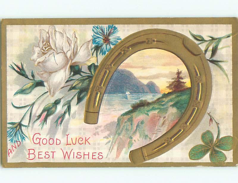 Pre-Linen LAKE SCENE INSIDE LUCKY HORSESHOE WITH WHITE ROSE FLOWER J3468