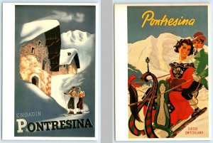 2 Repro Postcards PONTRESINA, SWITZERLAND ~ Artist Martin Peikert SKIERS  4x6