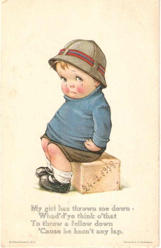 Weeping little boy. My girl has throiwn..Humorous vintage American PC