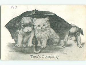 Pre-Linen signed DOG WANTS TO GET UNDER UMBRELLA WITH CAT & OTHER DOG k6492