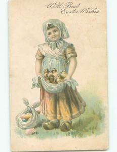 Unused Pre-Linen easter CUTE GIRL CARRIES CHICKS IN HER DRESS k2089