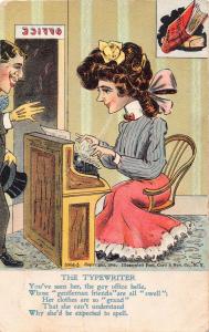 GAY OFFICE BELLE~THE TYPEWRITER~ARTIST DRAWN + POEM~VINEGAR COMIC POSTCARD 1906