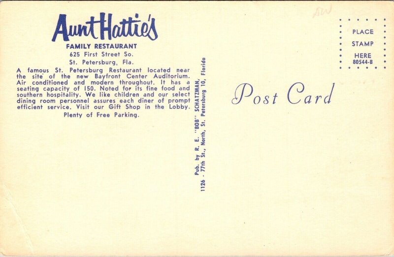 Aunt Hatties Family Restaurant St Petersburg FL Florida VTG Postcard UNP Unused 