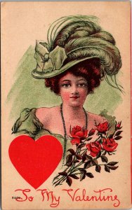To My Valentine, Woman in Big Green Hat Vintage Postcard W70