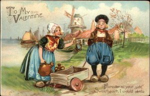 Tuck Valentine Little Dutch Boy and Girl with Wagon c1910 Vintage Postcard