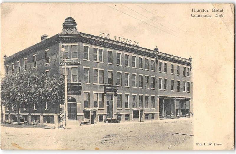 Columbus, Nebraska THURSTON HOTEL Platte County L.W. Snow 1900s Antique Postcard
