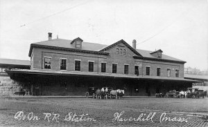 Haverhill MA Railroad Station Horse & Wagons, Real photo Postcard