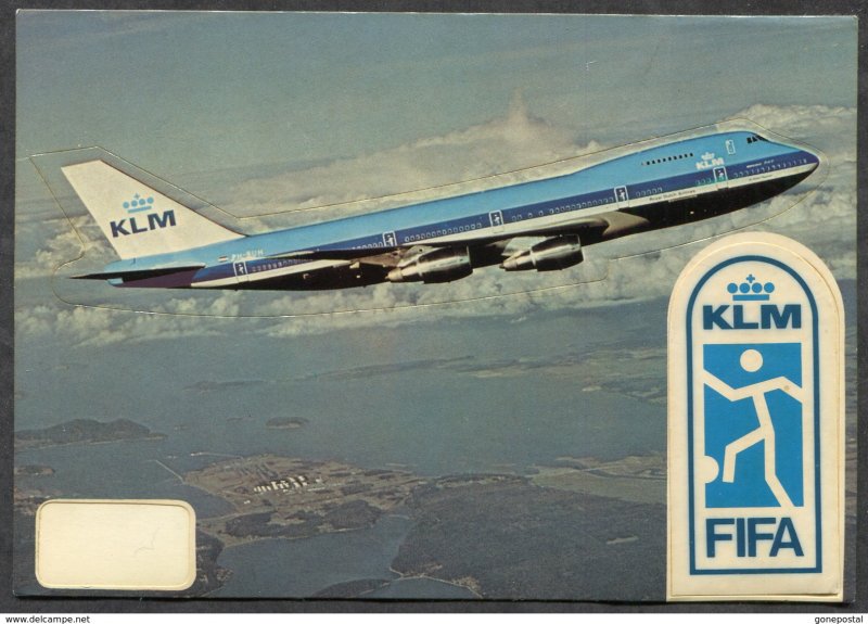 dc741 - KLM Airlines Boeing 747 Jumbo Jet. FIFA Soccer Sponsor Stickers Postcard