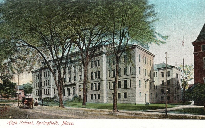 Vintage Postcard High School Building Campus Springfield Massachusetts TMNC Pub.