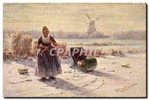 Old Postcard Moulin wind Woman