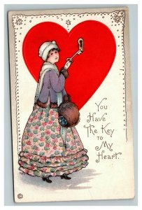 Vintage 1910's Valentines Postcard Beautiful Girl with Key to Large Heart