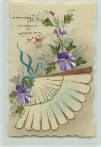 Early French Celluloid Postcard Hand-Painted Violet Flowers & Fan Happy Birthday