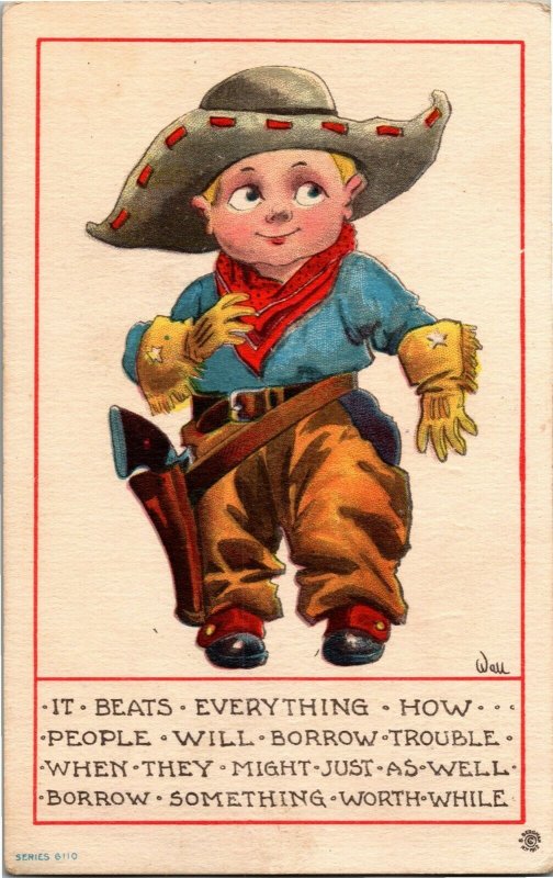 Little Cowboy Borrow Trouble Artist Bernardt Wall c1913 Vintage Postcard D34