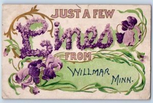 1909 Willmar Minnesota Postcard Just A Few Lines Flowers Embossed Glitter Posted