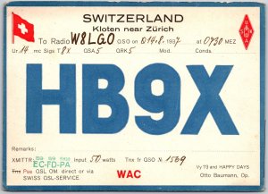 Short Wave Radio Station W8LGO HB9X Switzerland Kloten Near Zurich Postcard