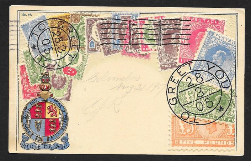 GREAT BRITAIN Stamps on Postcard Embossed Shield Used c1907