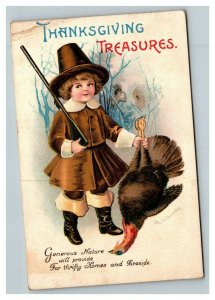 Vintage 1920 Ellen Clapsaddle Thanksgiving Postcard Pilgrim Boy Giant Turkey