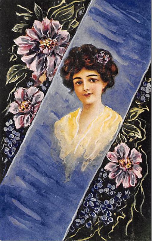 Woman with brunette hair and flowers Artist C. Ryan Glamour Woman Unused 