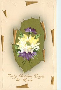 BB London Postcard E.1855 Embossed Greeting; Hand-Painted Flowers on Silk