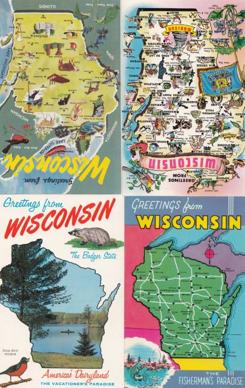 Greetings From Wisconsin 4x Map Postcard s