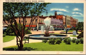 Linen Postcard Third Street Park and Fountain in Macon, Georgia~2096