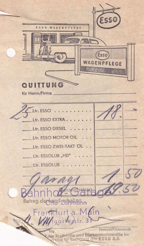 Frankfurt 1950s German Esso Petrol Receipt