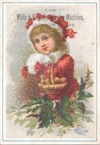White Sewing Machines - Christmas Girl in Red with Holly - Victorian Trade Card