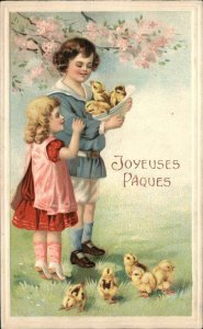 Easter Joyeuses Paques Brother Little Sister with Baby Chicks Vintage Postcard