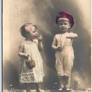 c1900s Cute Little Girl & Boy Eating RPPC Hand Colored Max Ettlinger Photo A148